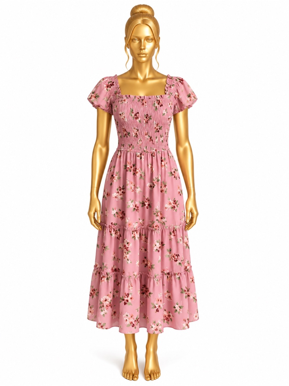 MPH Collection XL Pink Floral Smocked Tiered Midi Dress Cottagecore